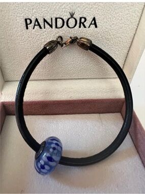 Pandora Black Leather Bracelet with Blue and White Murano-Style Charm